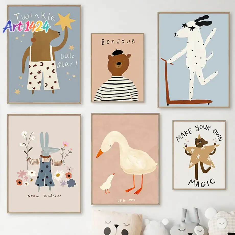 Baby Nursery Posters - Śmieszne hulajnogi, psem, misiem, królikiem, kaczką,
