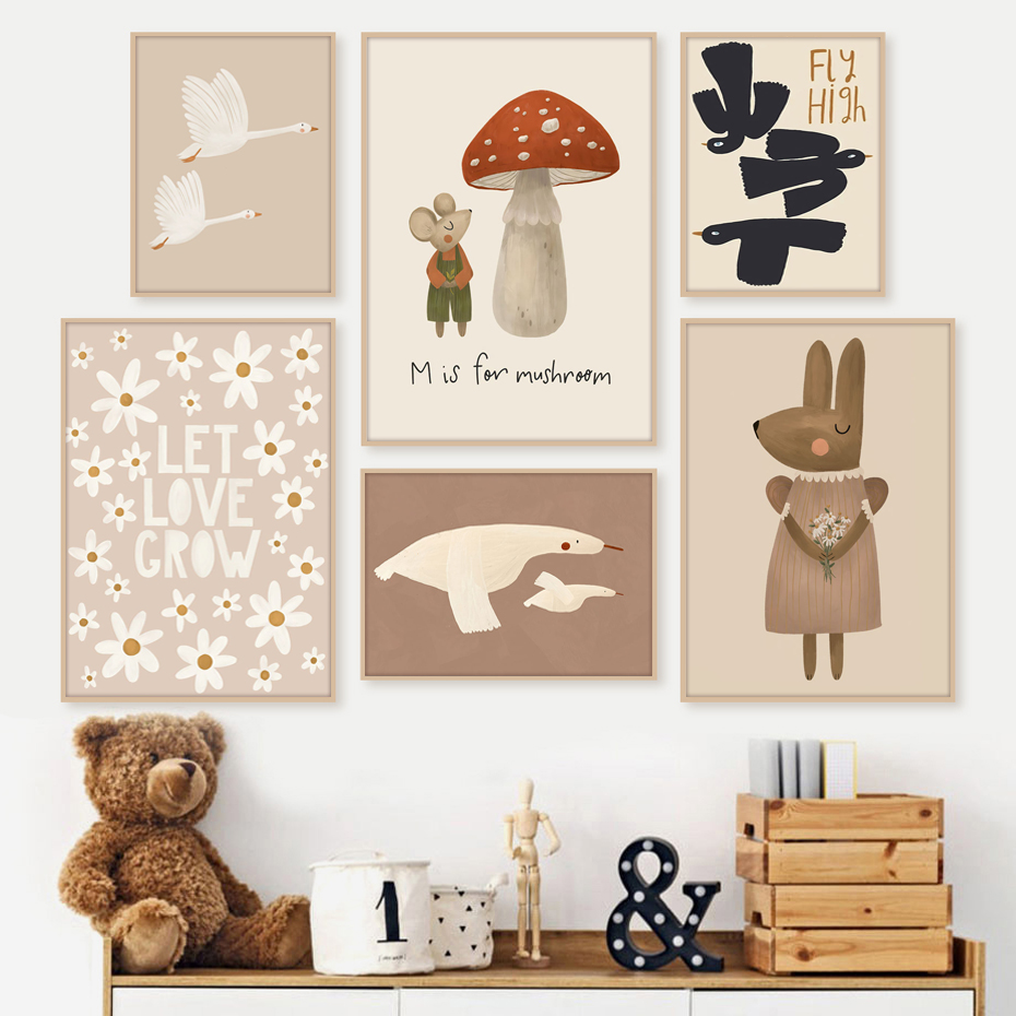 Baby Nursery Picture Frames - Plakaty Boho Cartoon Królik Mysz Kaczka,