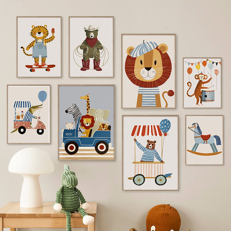 Baby Nursery Posters - Zabawne Kreskówkowe Zwierzęta Samochód Balon Sztuka
