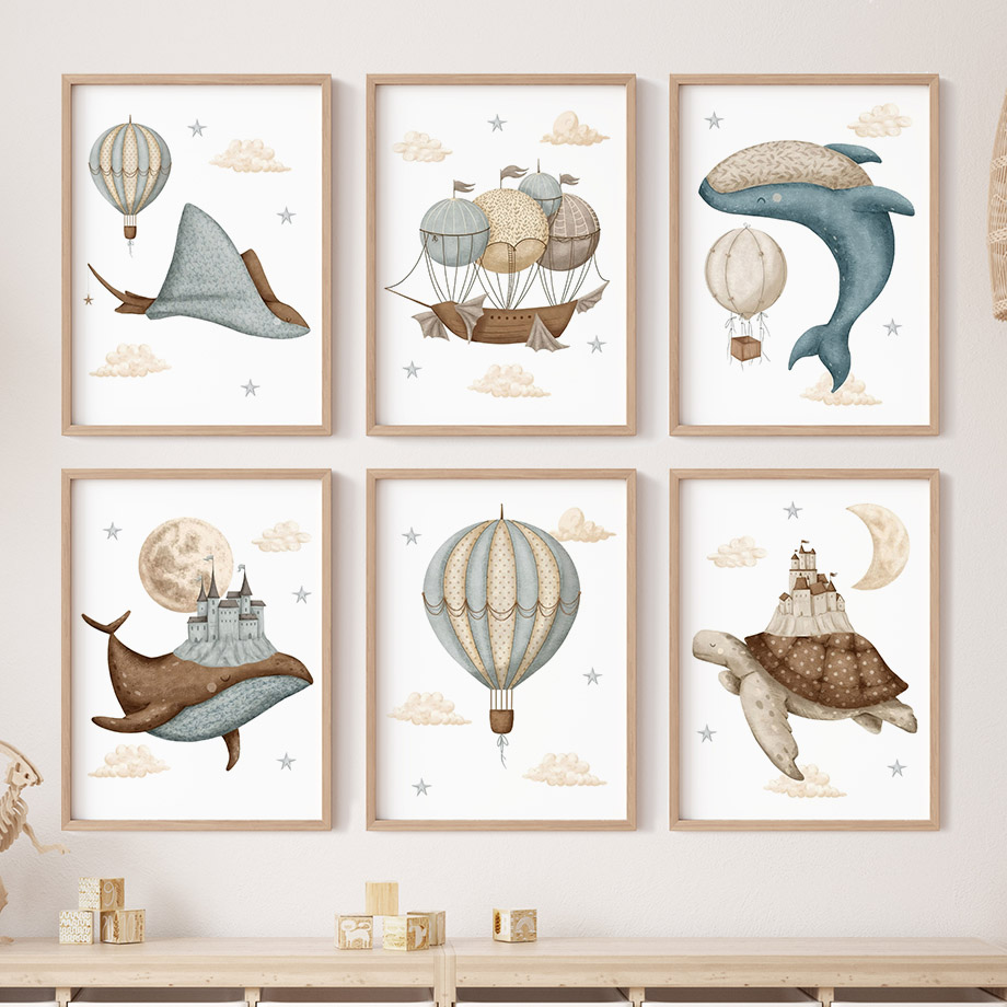 Baby Nursery Posters - Wieloryb, żółw, zamek, balon, nordyckie dekoracje